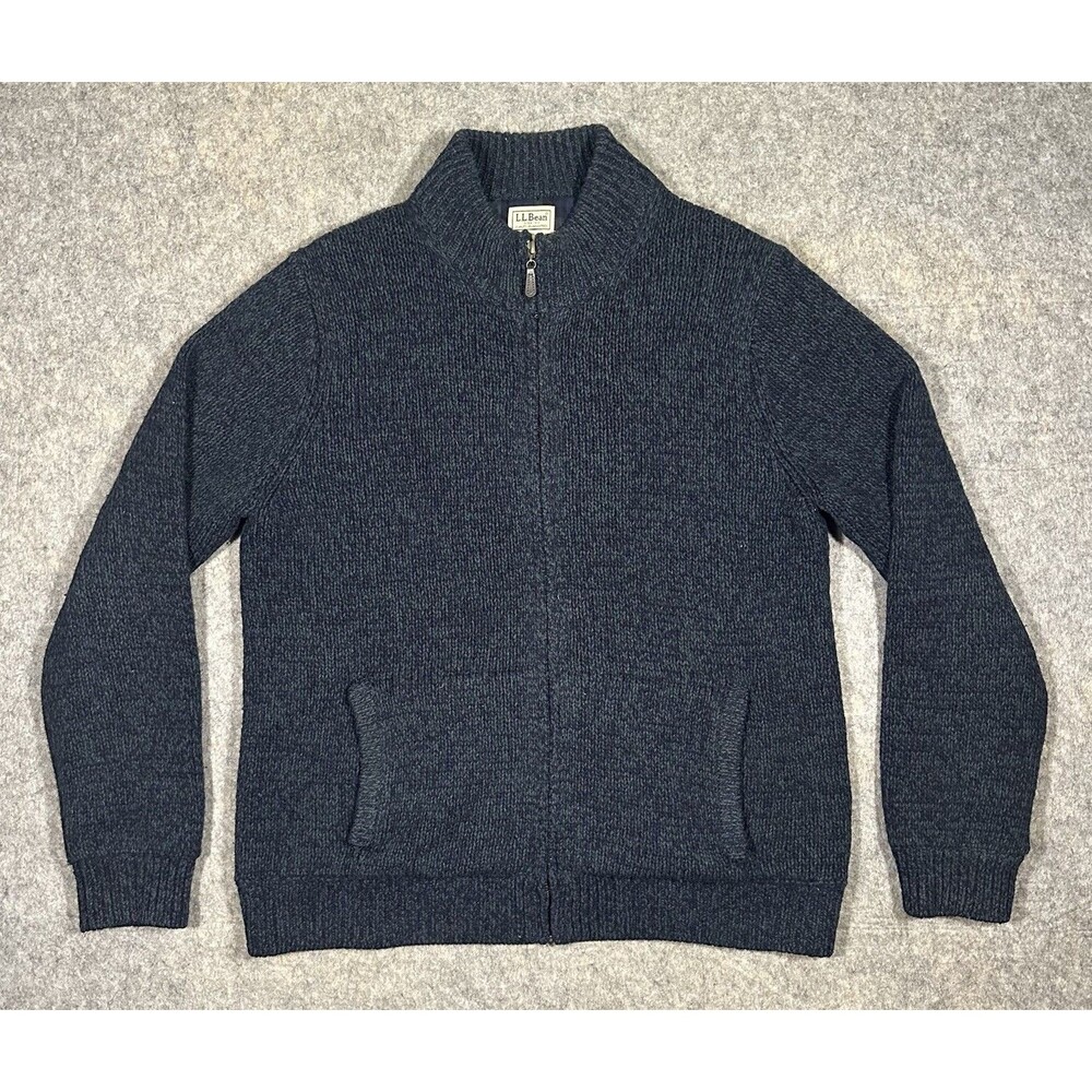LL Bean Lambswool Sweater Men’s L Navy Full Zip Plaid Flannel Lined Heavy